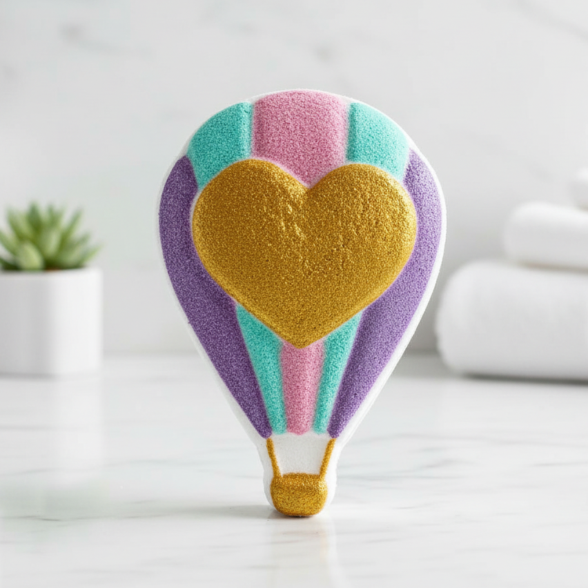 Bombe de bain montgolfière avec coeur. Cadeau Saint-Valentin artisanal fabriqué au Québec. 