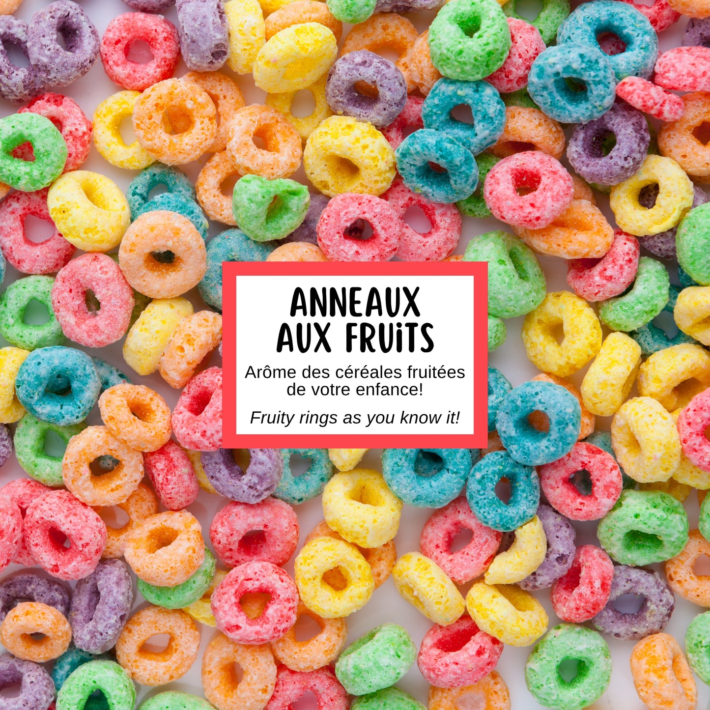 Description de la fragrance du savon artisanal anneaux aux fruits qui rappelle l'arôme des céréales fruitées frootloops de notre enfance.