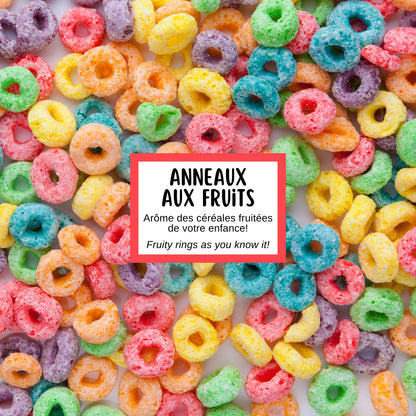 Description de la fragrance du savon artisanal anneaux aux fruits qui rappelle l'arôme des céréales fruitées frootloops de notre enfance.