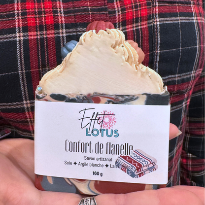Detail de l'étiquette du savon confort de flanelle fabriqué au QUébec
