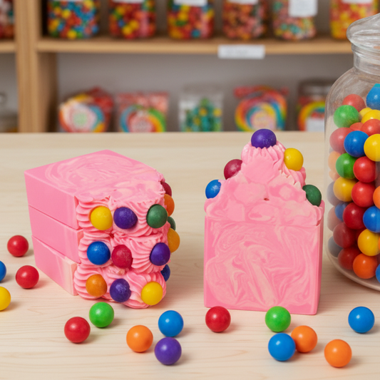 Savon artisanal et naturel décoré de gommes ballounes, préféré des enfants, fabriqué à la main par Effet Lotus au Québec