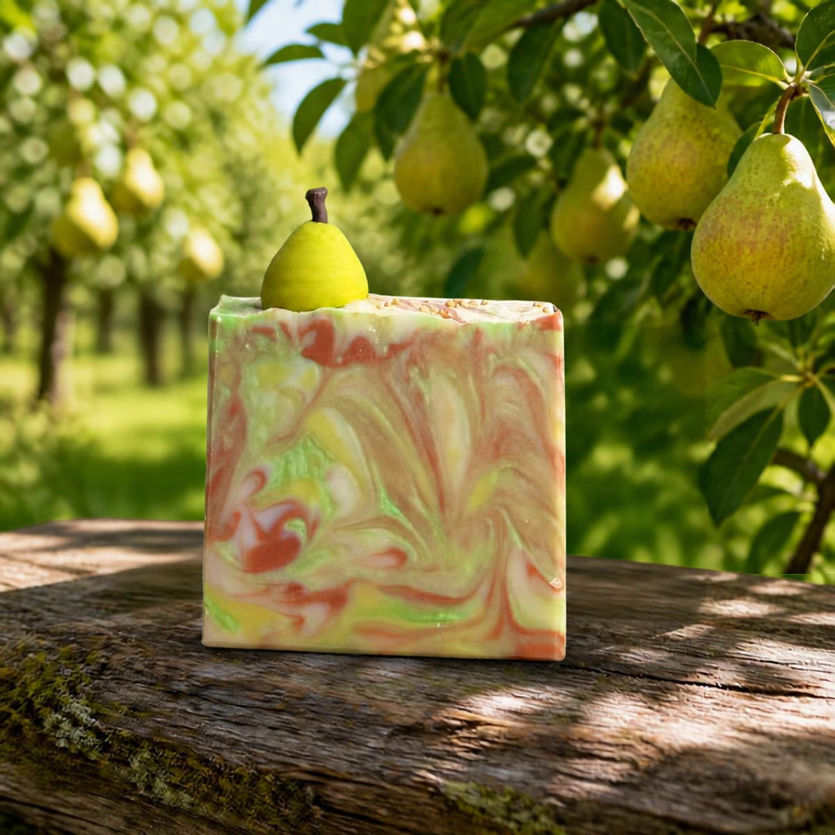 Gros plan sur le savon à la poire d'Effet Lotus