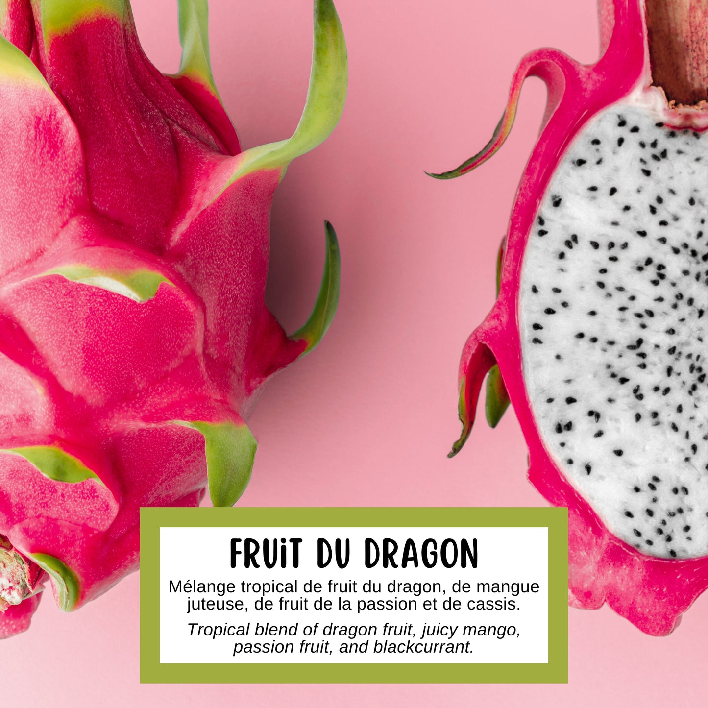 Description de la fragrance du savon exfoliant fruit du dragon d'Effet Lotus, l'odeur est un mélange tropical de pitahaya, de mangue, de fruit de la passion et de cassis.