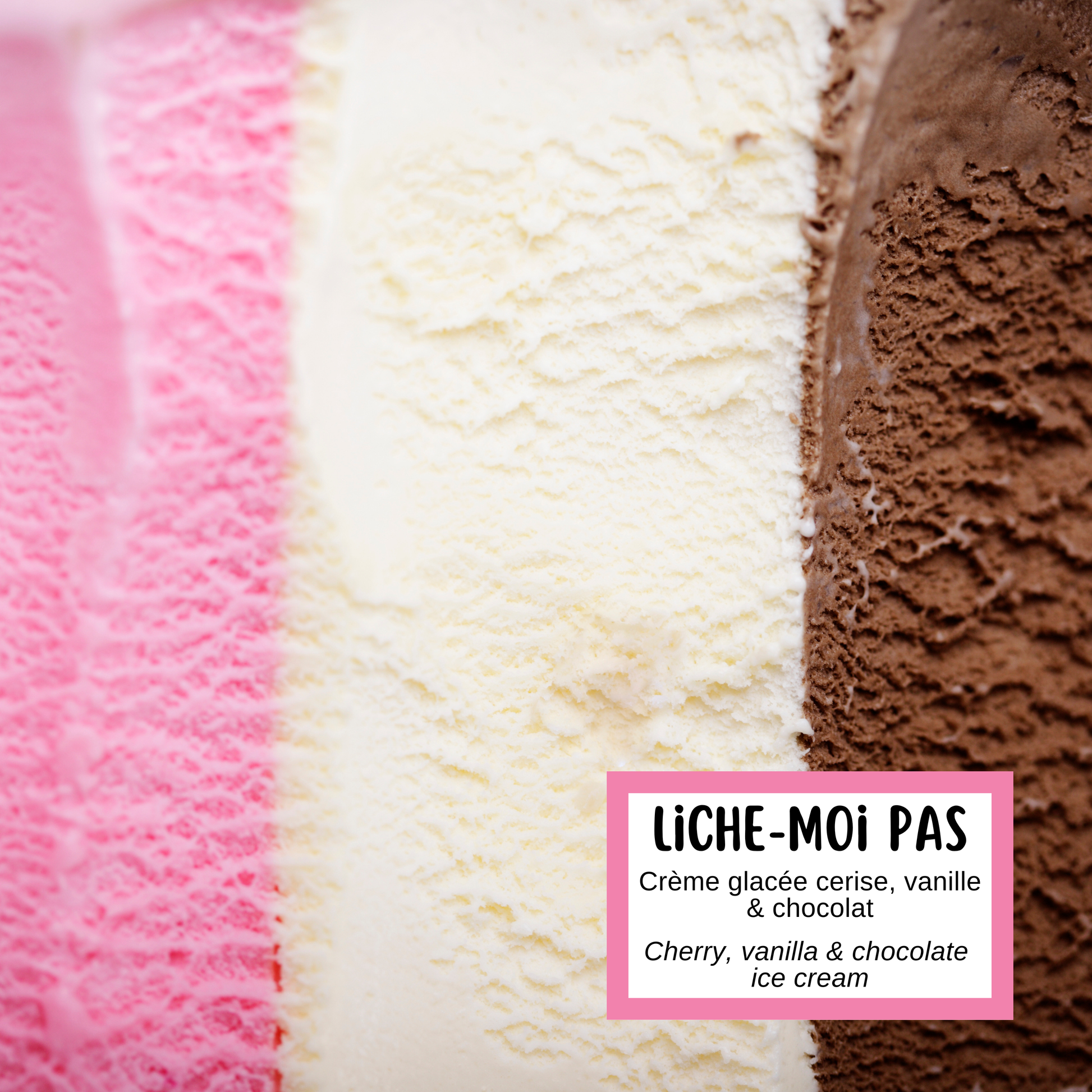 Description de la fragrance grourmande du savon Liche-moi pas d'Effet Lotus, aux arômes de crème glacée napolitaine cerise, vanille et chocolat.