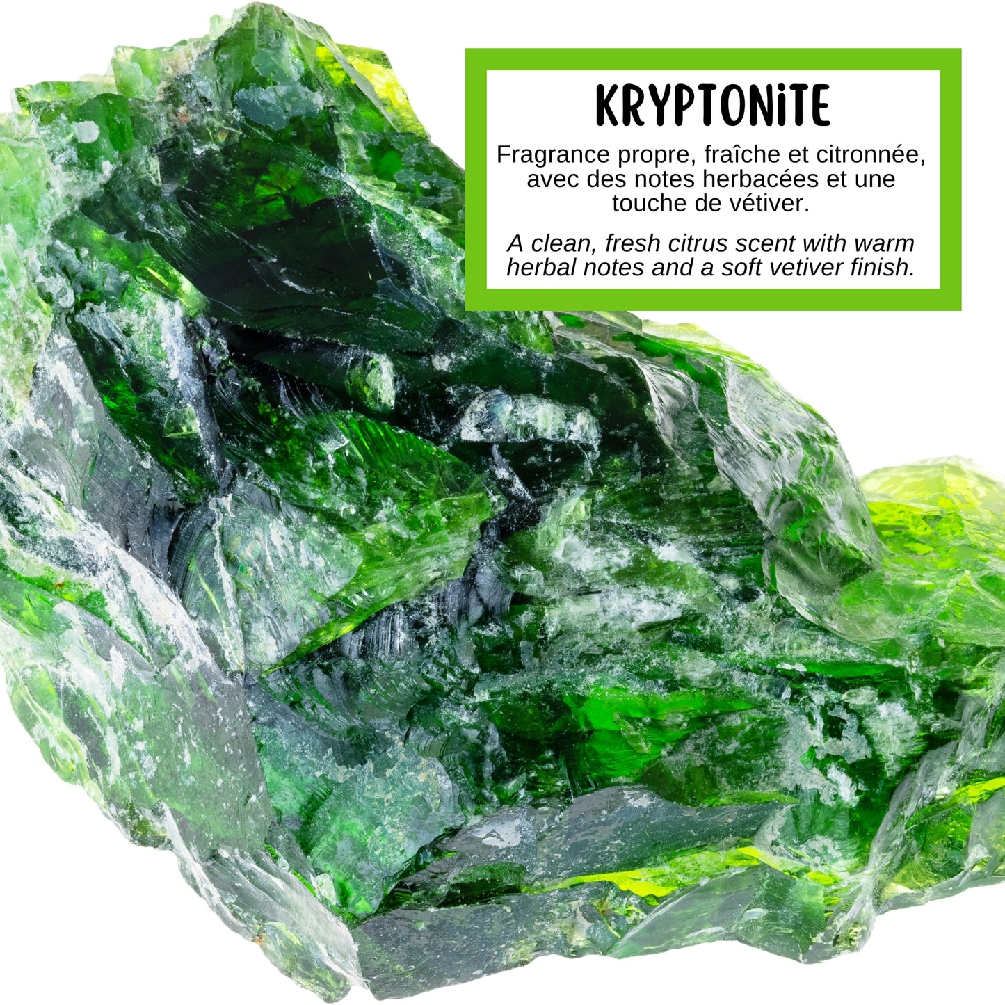 Description de la fragrance du savon kryptonite, avec des notes fraîches et citronnées.
