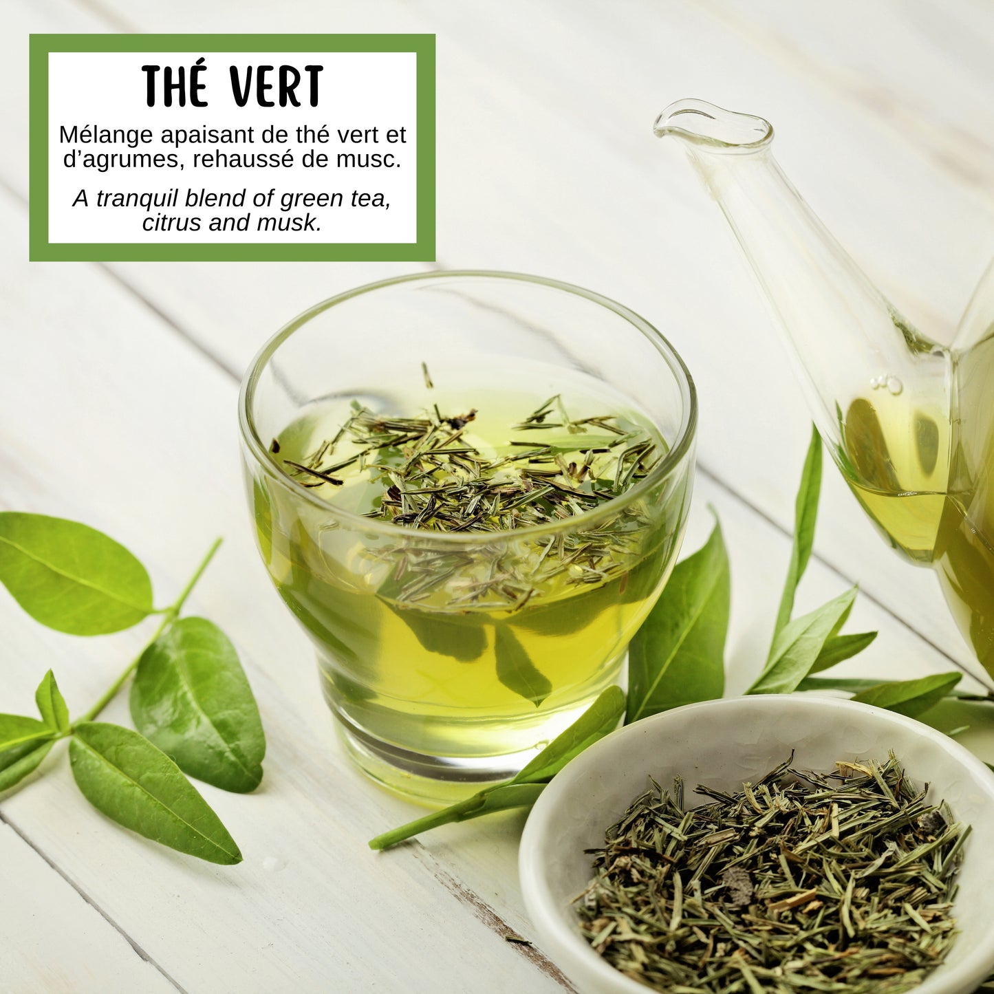 Description de la fragrance du savon exfoliant au thé vert, aux notes vivifiantes et apaisantes.