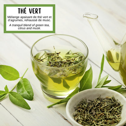 Description de la fragrance du savon exfoliant au thé vert, aux notes vivifiantes et apaisantes.