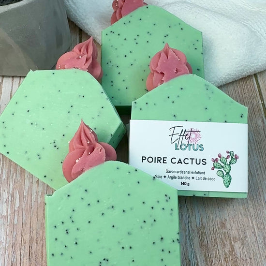 Vidéo montrant le détail du savon poire cactus fabriqué à la main au Québec.