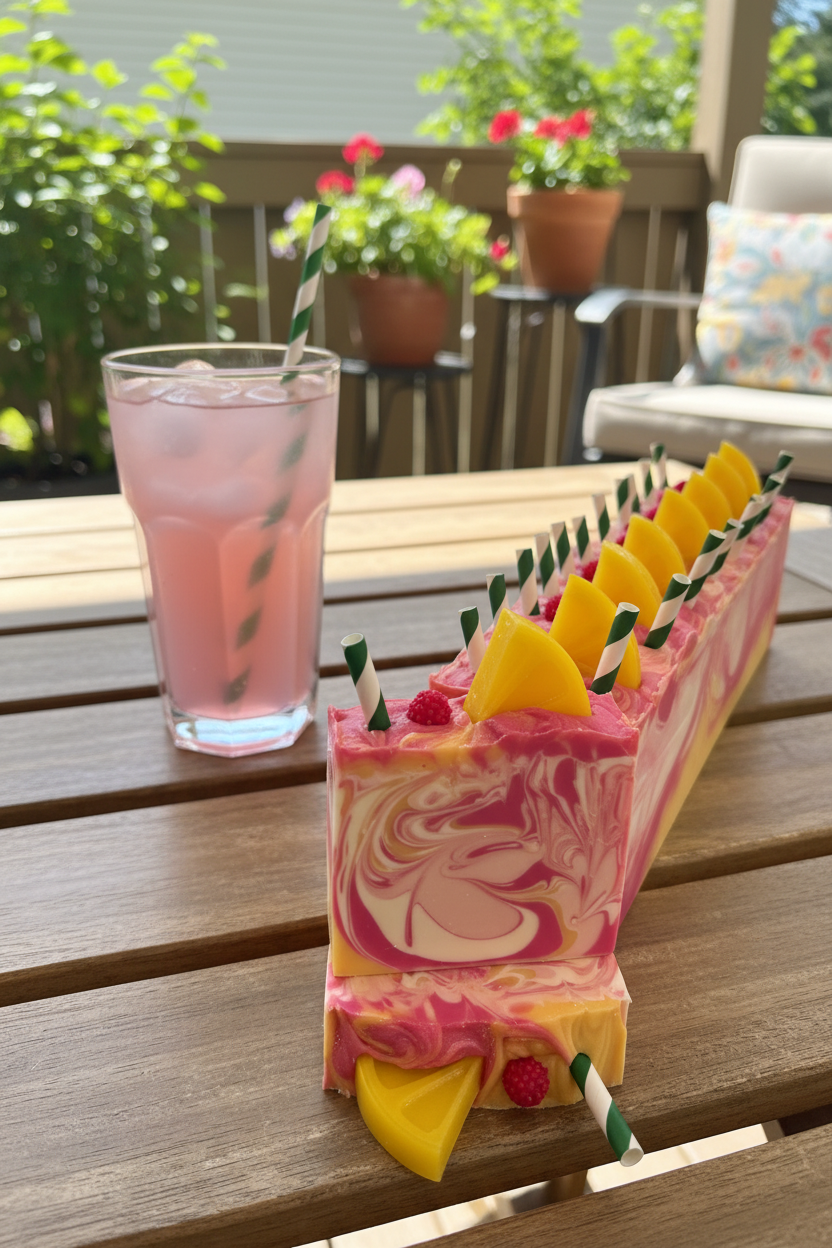 Savon estival artisanal et naturel fabriqué à la main par Effet Lotus, arome de limonade framboise.