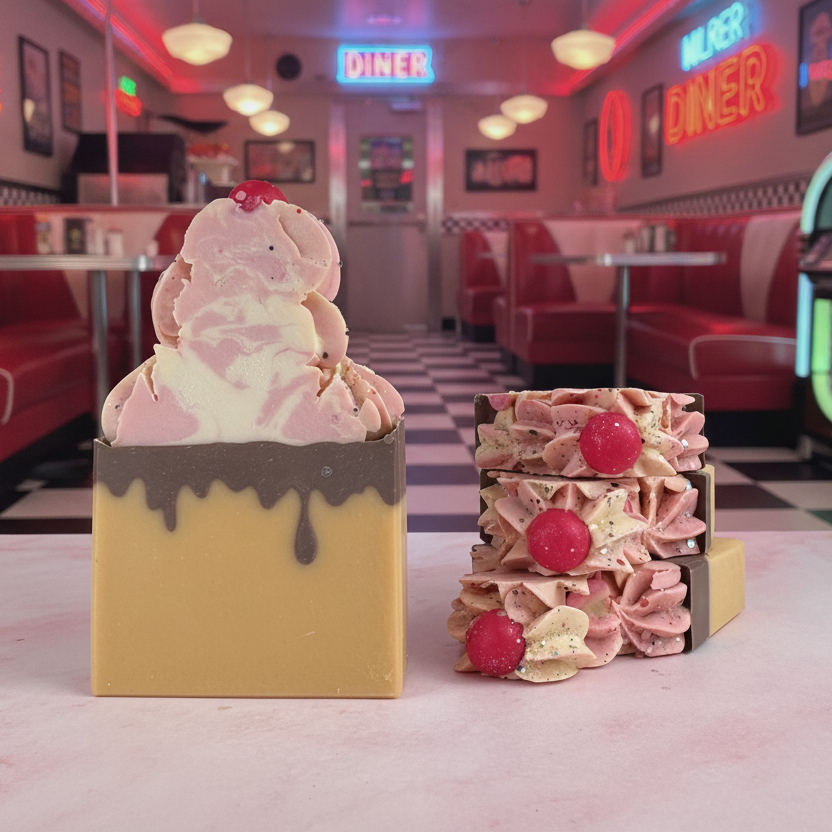Savon artisanal en forme de cornet de crème glacée, ambiance rétro des années 50.