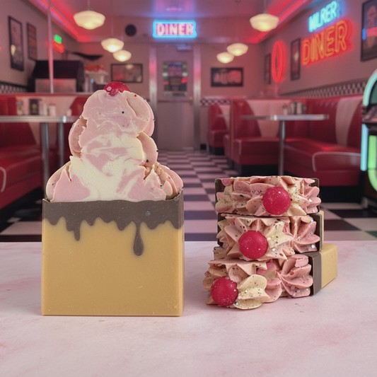 Savon artisanal en forme de cornet de crème glacée, ambiance rétro des années 50.
