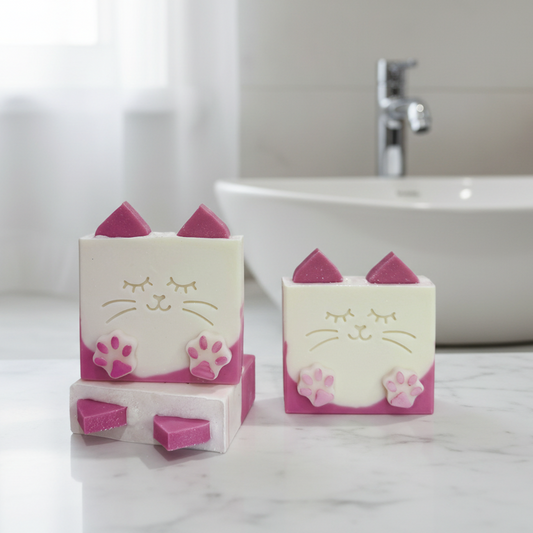 Savon artisanal Minette en forme de chat, parfum bellini à la pêche