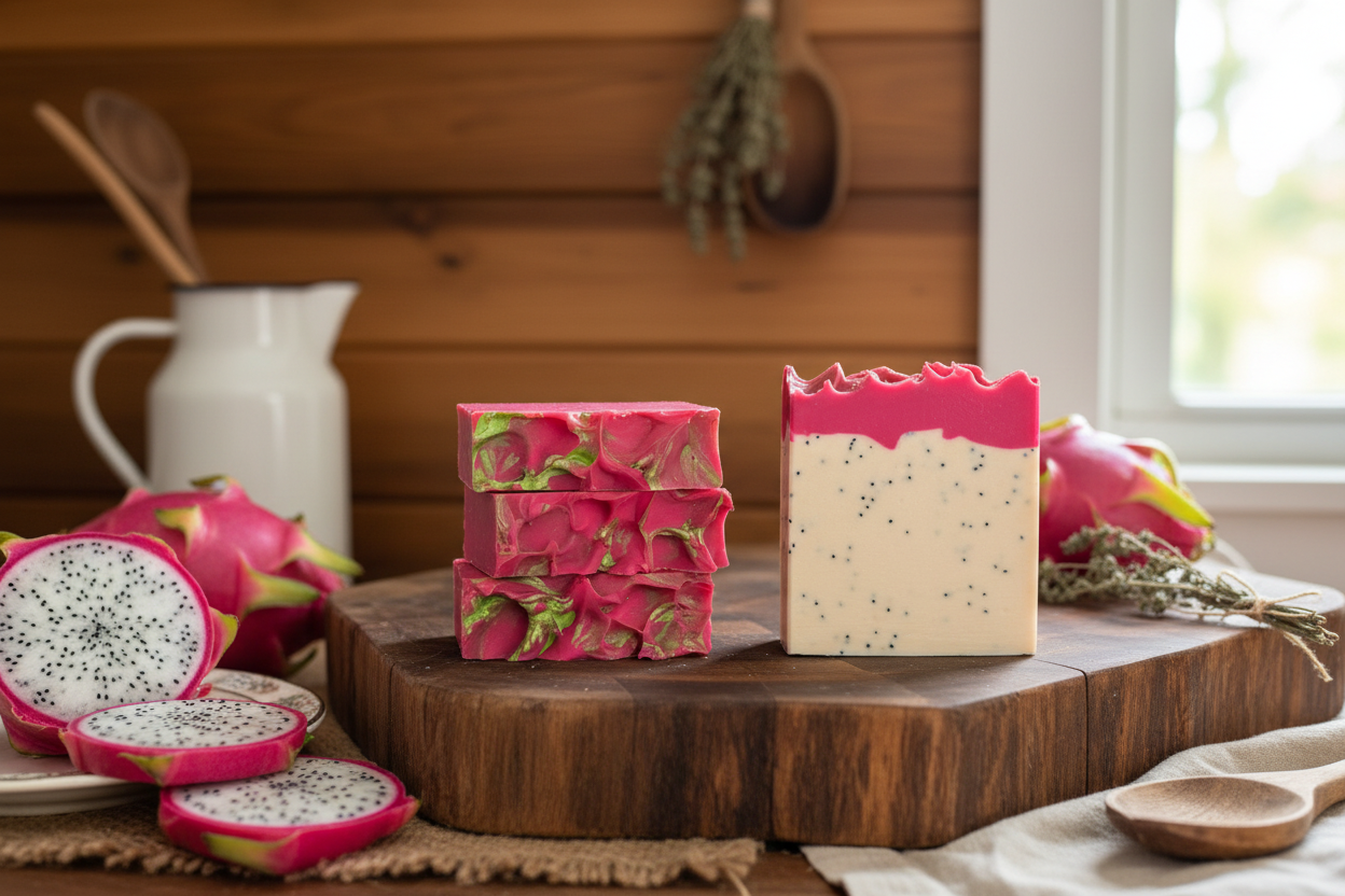 Plusieurs tranches de savon fruit du dragon déposées sur un gros rondin de bois dans la cuisine, à côté d'une pitahaya juteuse.