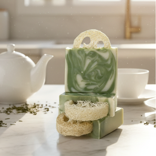 Savon exfoliant au thé vert avec une tranche de luffa, fait au Québec par Effet Lotus