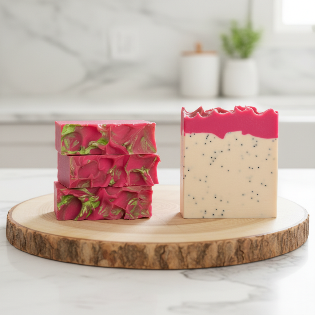 Savon artisanal exfoliant fruit du dragon pitahaya, fait à la main.