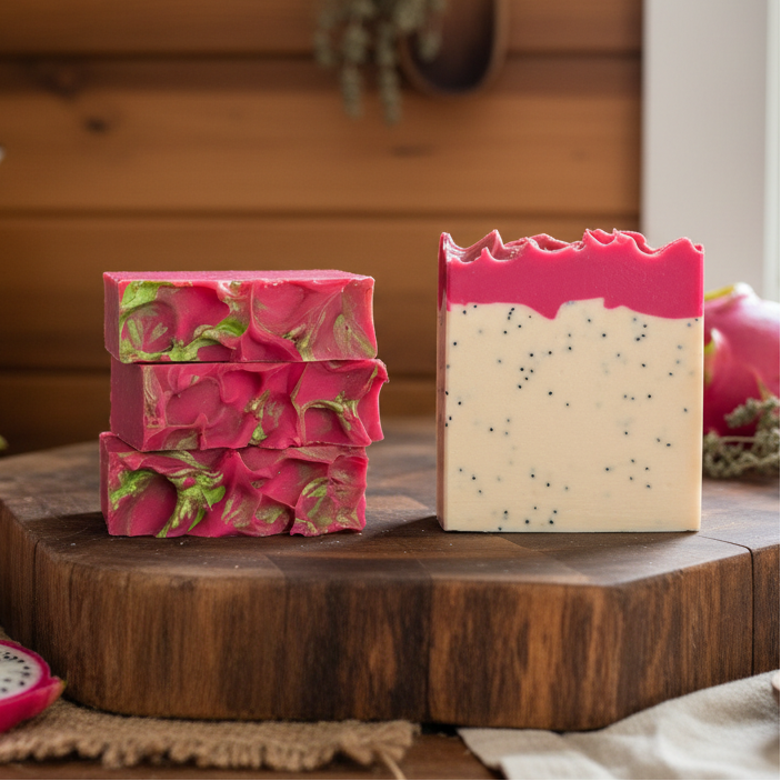 Savon exfoliant au fruit du dragon déposé sur une planche à découper en bois dans une cuisine.