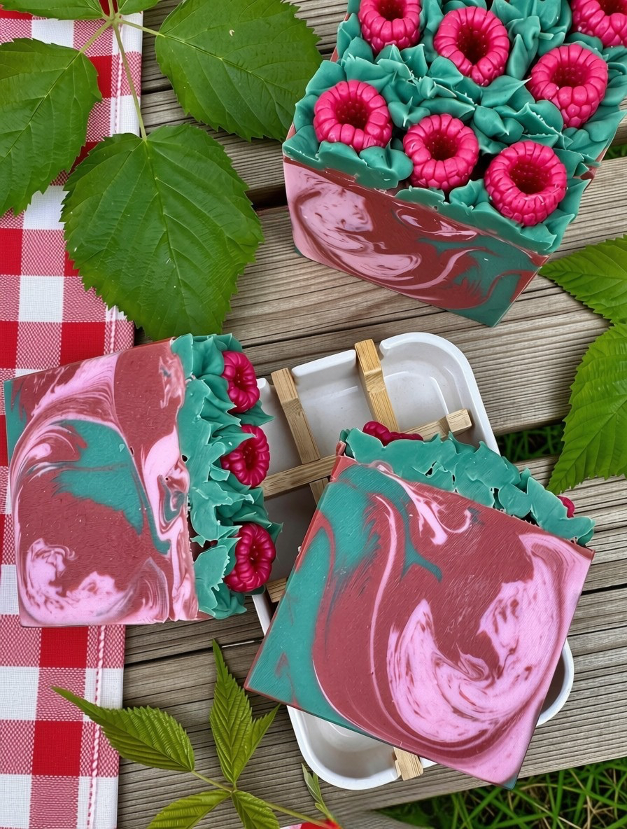 Savon au parfum gourmand de framboise mûrie au soleil, fait à la main.