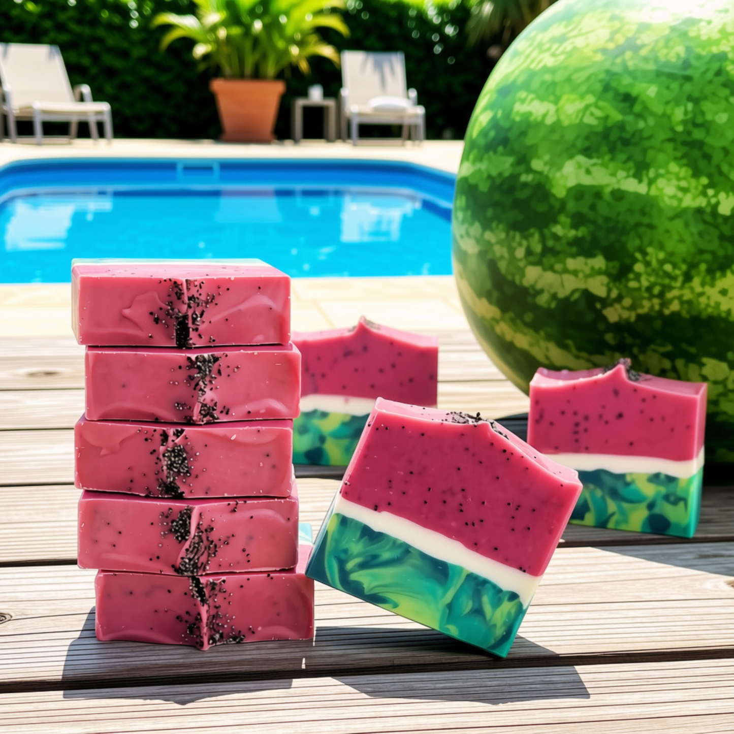 Savon melon d'eau exfoliant sur le bord d'une piscine au Québec durant l'été.