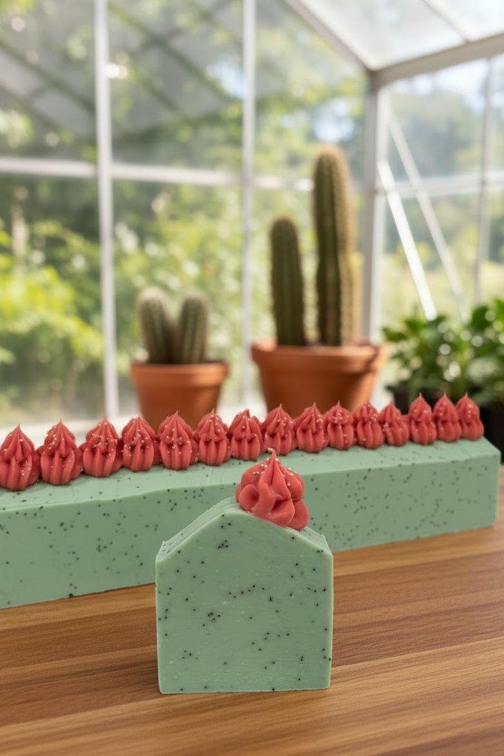 Savon à la poire cactus déposé dans une serre.