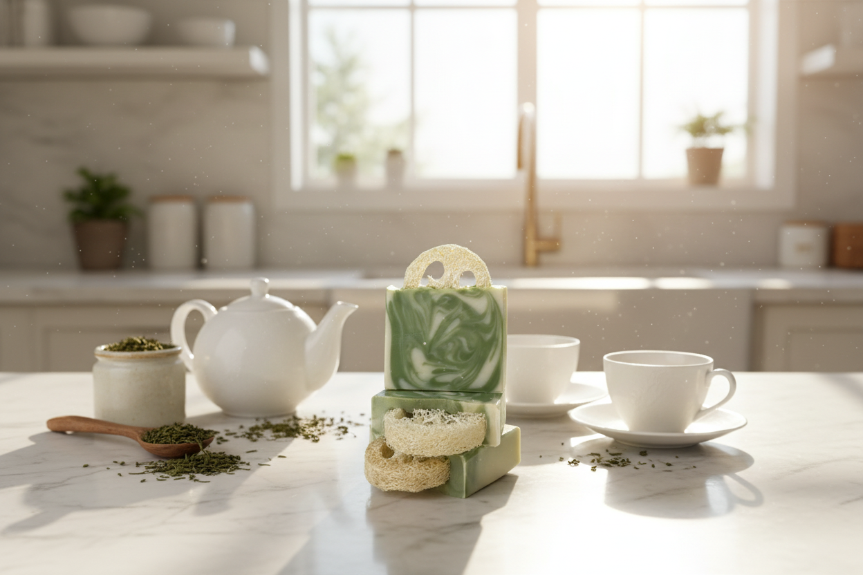 Savon Effet Lotus déposé sur le comptoir de la cuisine avec du thé vert.